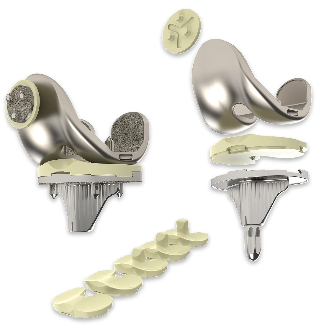 Optimotion total knee implants with tibial inserts in a range of sizes