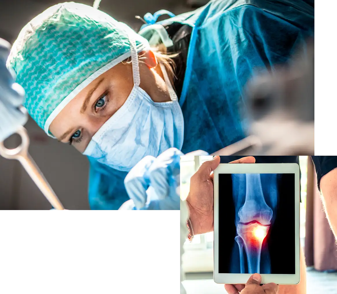 Surgeon beside a knee X-ray showing a total knee implant